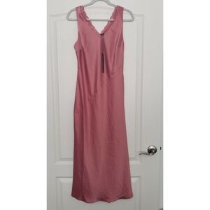 Nicole Miller NY Pink Satin‎ Lace Trim V Neck Sleeveless Maxi Slip Dress Sz 4